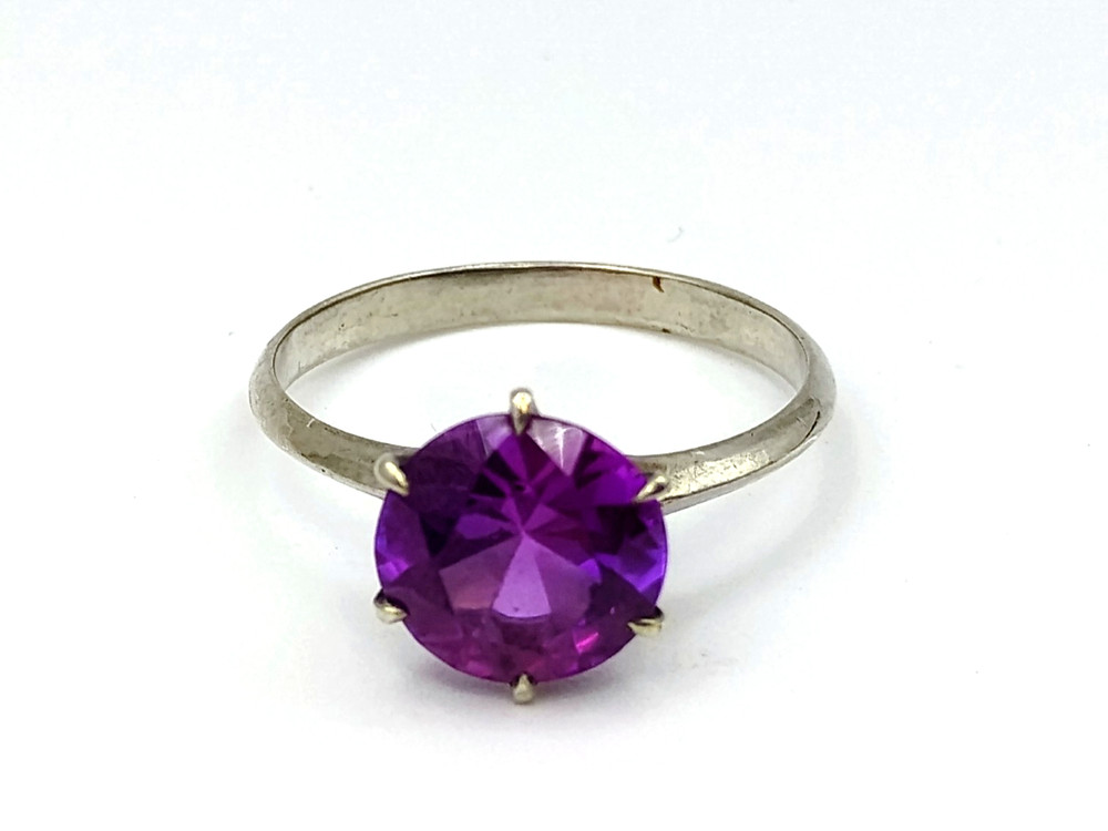 Vintage 925 Sterling Silver Glass Purple Ring Simulated Amethyst Size 7.5