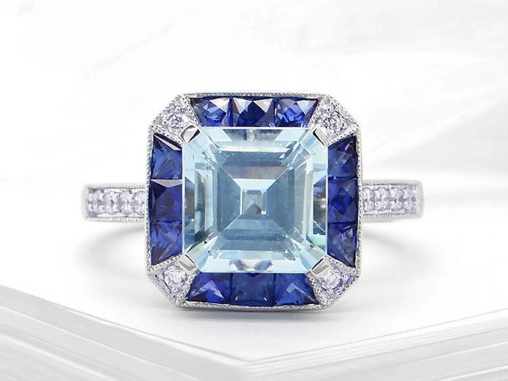 Art-Deco Style Lab Created Aquamarine Sapphire Engagement 14K White Gold FN Ring