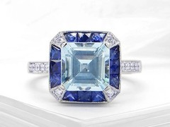Art-Deco Style Lab Created Aquamarine Sapphire Engagement 14K White Gold FN Ring