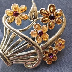 AAi Flower Basket Brooch Enamel Rhinestone Silver Tone Spring Signed 1.75 Inches