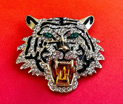 Gold Tone Black Enamel & Rhinestones Tiger Face Brooch Contemporary