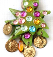 Vintage Green Resin Metal Christmas Tree Colorful Clip-On Dangle Earrings 4″