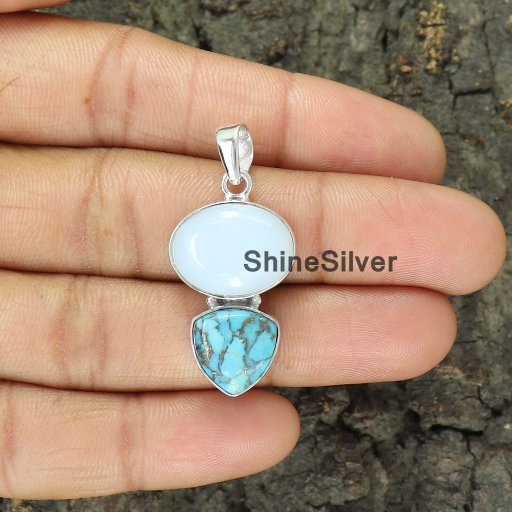 Natural White Opal And Turquoise Stone Silver Unique Pendant Necklaces