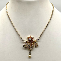 Vintage Puffy Heart Flower Necklace Orange Rhinestones Gold Tone Chain 15″