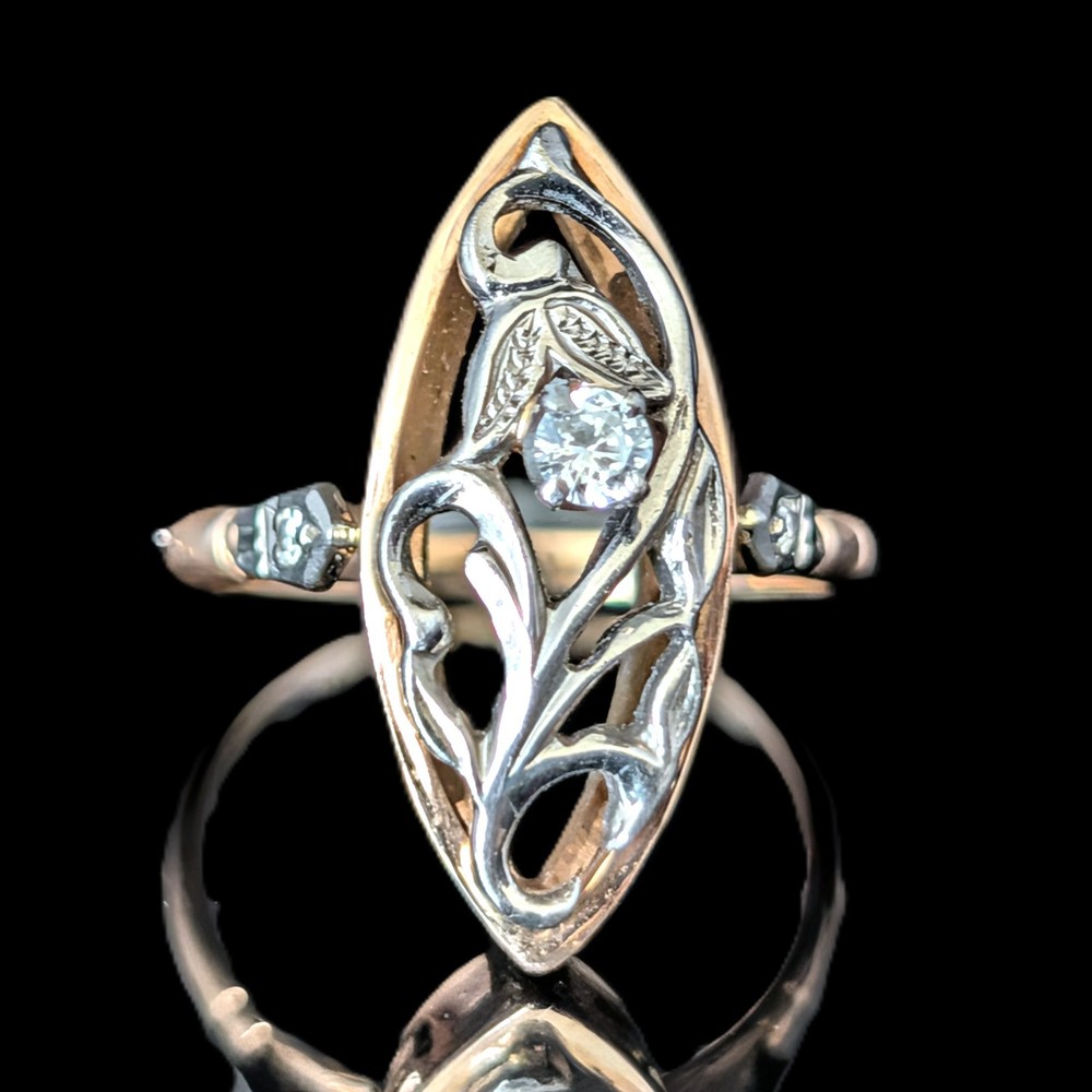 Vintage Diamonds 14k Multi Tone Gold Snowdrop Floral Navette Cocktail Ring Retro