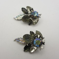 Vintage Judy Lee Earrings Rhinestone Climber Molded Glass AB Silver Tone Clip On