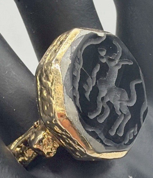 Antique Style Intaglio Ring – Gold Tone Band with Carved Black Stone
