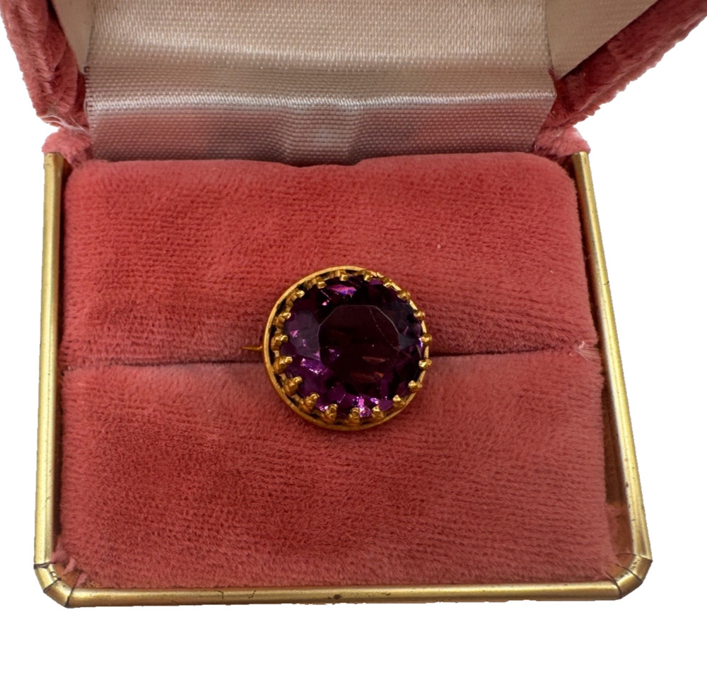 ANTIQ VICTORIAN DECORATIVE DOG TEETH PRONGS AMETHYST TINY BROOCH BUTTON REPLACEM