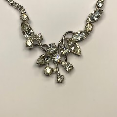 Vintage Choker Necklace Clear Rhinestone Silver Tone Asymmetrical w/ Earrings