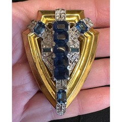 1930s McClelland Barclay Blue & Clear Rhinestone Gold Tone Fur Clip Pin Brooch