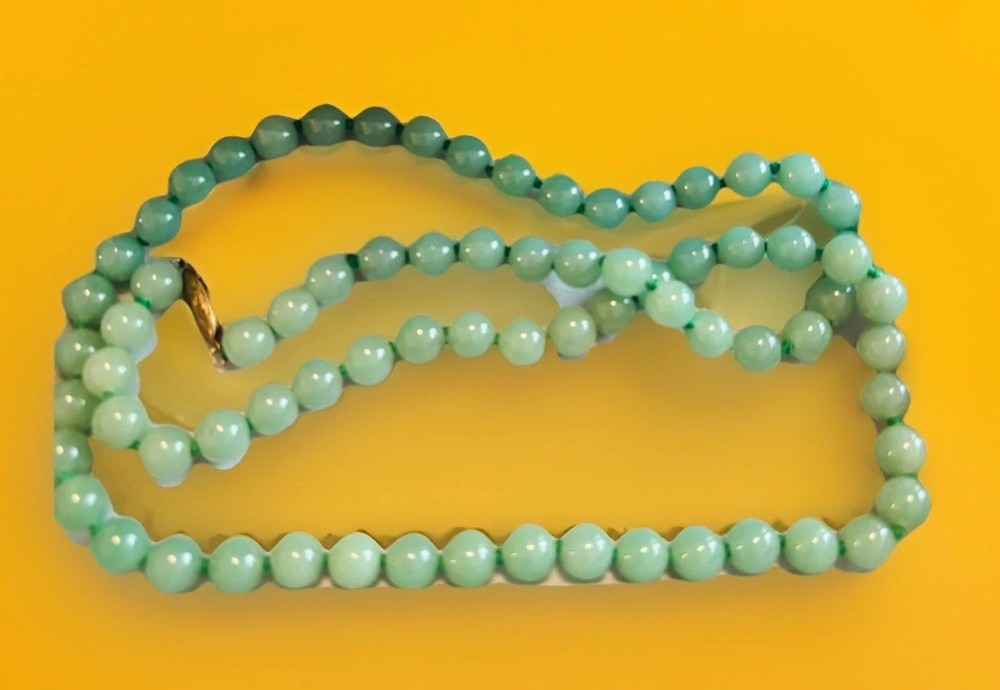 Jade Stranded Knotted Necklace 24” Silver Filigree Clasp Japan