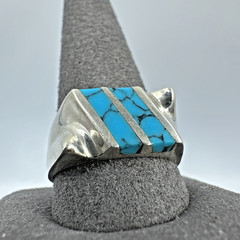 Vtg Taxco 925 Sterling Mens Turquoise Inlay Ring Signed Sz 11.75 Modernist 13.1g
