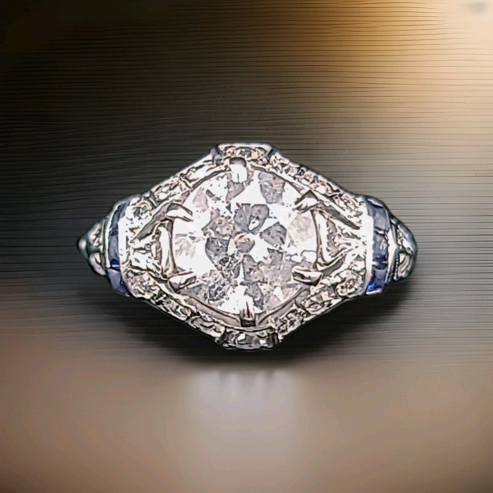 Platinum Vintage Filigree 1.50ct. Natural Old Euro Diamond Sapphire Ring 1920’s