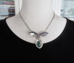 VINTAGE MEXICO STERLING NECKLACE PENDANT BROOCH w CHRYSOPRASE, 2 1/4 INCH PENDT