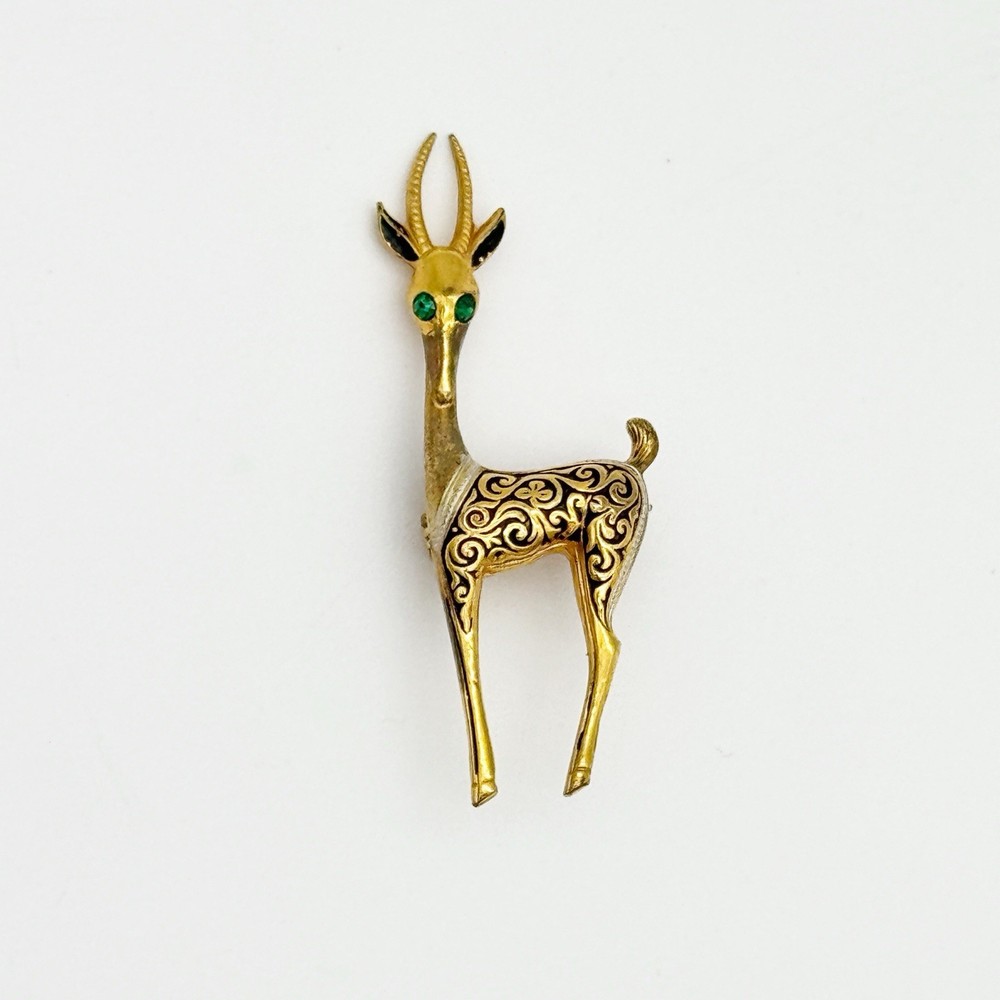Green Eyed Gold Tone Gazelle Ornate Brooch Pin