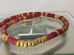 Mayamar (24K Gold Plate) No Charm X ~ Red Bead Necklace Anion w/ Extension (NEW)