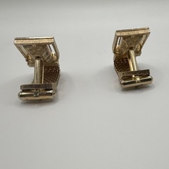 Vintage Gold Tone Rectangle Bullet Back Cufflinks Green Stone Accent for Men