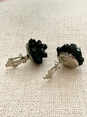Vtg 950s Marked Japan Jet-Black Beaded Cluster Clip-On Earrings, MCM *Estate