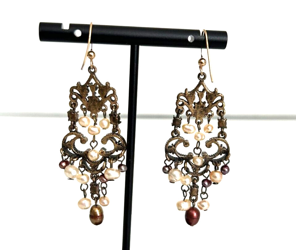 Artisan Victorian-Style Chandelier Earrings 14K GF French Wire Fresh Water Pearl