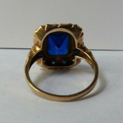 ANTIQUE 10K GOLD FAUX FACETED SAPPHIRE & PASTE STONES RING SIZE 6*