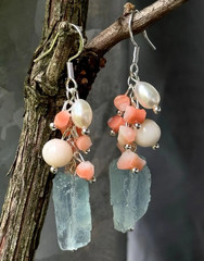 Aquamarine natural coral earrings with pearls
