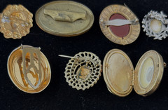 7 Vintage Unique Cameo Pins & Clips Plastic, Stone, Glass
