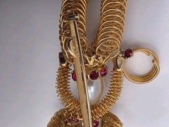 Vintage Signed Weiss Ruby Red Crystal & Faux Pearl Wire Cowboy W/Lasso Brooch