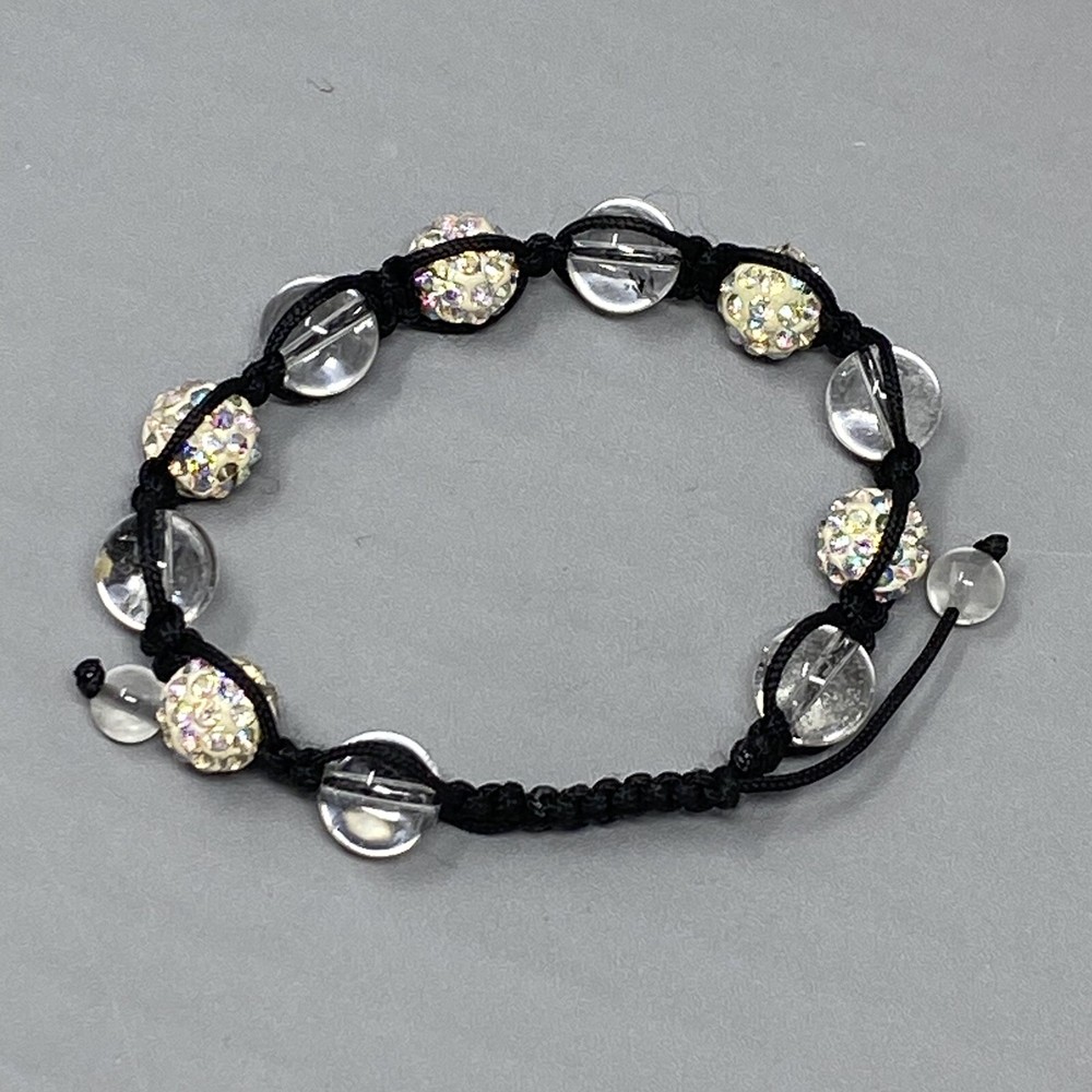 Glass Bead Bracelet Clear Druk Speckled AB Rhinestone Tension Cord Adjustable