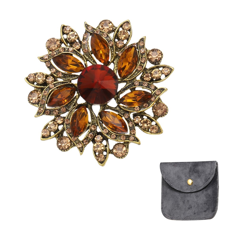 Vintage Crystal Rhinestone Brooch 2.1 Inch Flower Brooch Brown