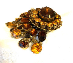 Antique Baltic Amber Topaz Brown Faceted Pin Brooch Dimensional Fan Statement