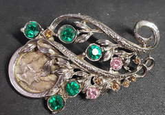 Mercury Head Silver Coin Metal Rhinestone Pin Brooch Vintage Jewelry Gift