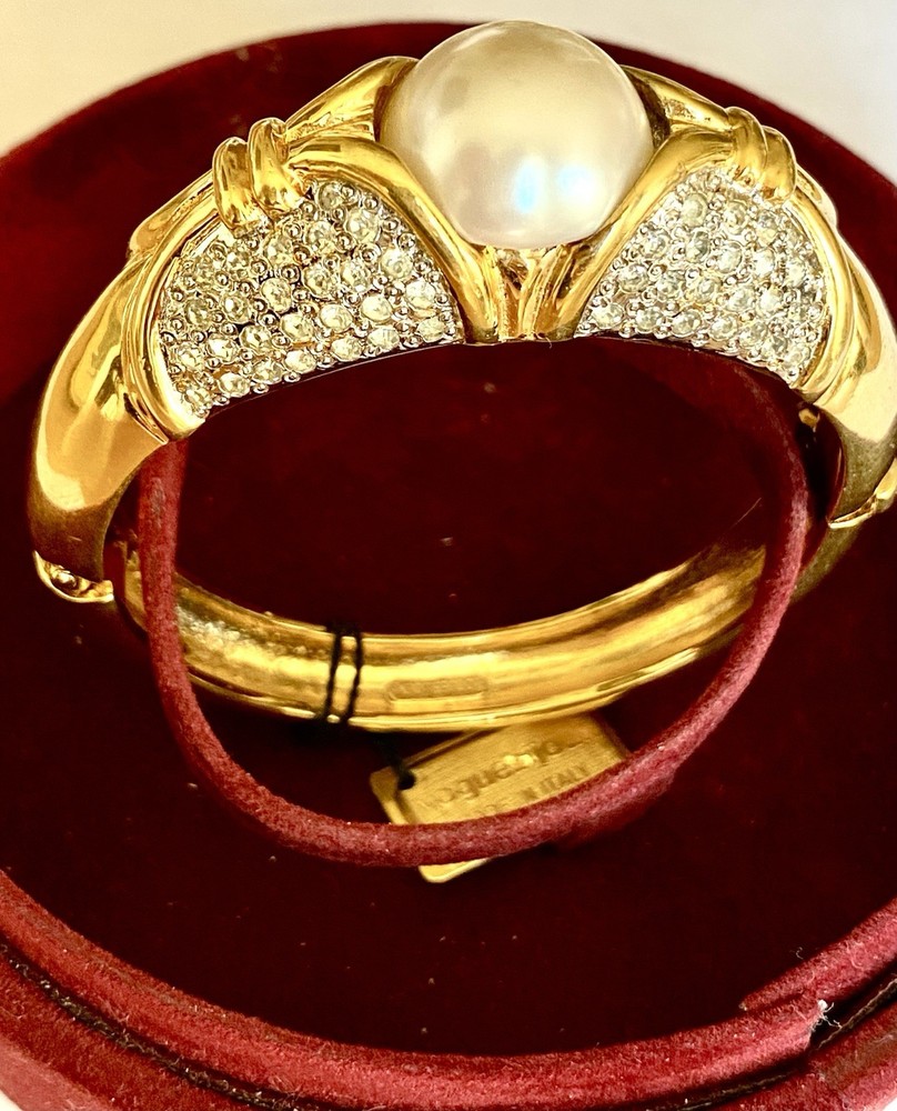VOGUE BIJOUX ITALY F/PEARL PAVE CRYSTAL GOLD PLATED BANGLE BRACELET~ 7″ ~NOS VTG