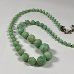 Vintage Green Hand knotted Beaded Necklace Graduated Size Plastic 26″ Faux Jade