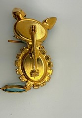 Vintage Blue Rhinestone Figural Cat Brooch Pin Gold Tone Mid-Century Estate