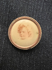Antique Gold Tone Metal Young Child Curly Haired Photograph Pin Brooch
