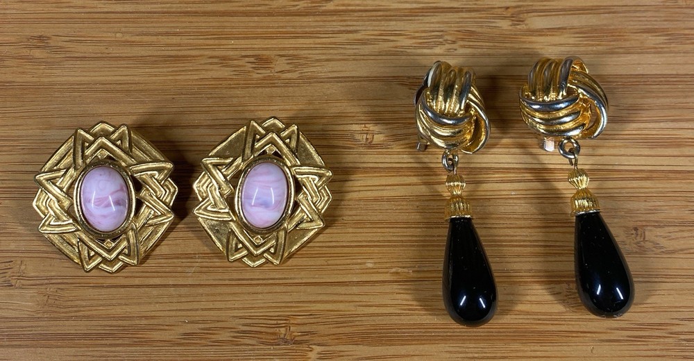 VTG Monet Pink Gold Clip Earrings + Unsigned Gold Black Glass Drop Clip Earrings