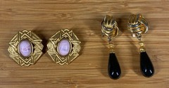 VTG Monet Pink Gold Clip Earrings + Unsigned Gold Black Glass Drop Clip Earrings
