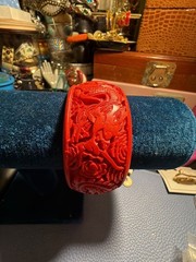 Vintage Cinnabar Red Resin Carved Dragon Bangle Bracelet