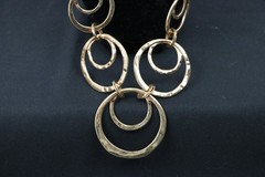 Long Gold Tone Circle Link Necklace Hammered Rings Brown Cord