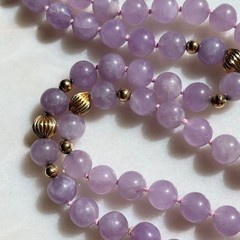 VINTAGE PASTEL PURPLE LAVENDER AMETHYST BEADED NECKLACE 14K GOLD RIBBED BEADS