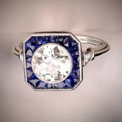 Art Deco Style Lab Created Diamond &Sapphire Anniversary 14K White Gold FN Ring