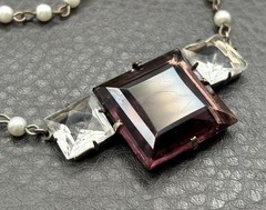 Vintage Art Deco Pearl & Purple Glass Pendant Necklace 925 Silver Clasp READ
