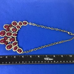 Vintage Burgundy Red Stone Diamonds Statement Necklace Costume Bling Glam Gold
