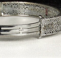 1920s Deco Filigree Bracelet JH PECKHAM Hinged Bangle Amethyst Paste Rhodium