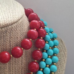 Vintage Red Lucite 30″ & Turquoise Acrylic Bead 60″ Necklace Lot opera Boho