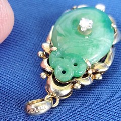 Original EARTH MINED JADEITE JADE DIAMOND Deco Pendant Vintage SOLID 14K GOLD