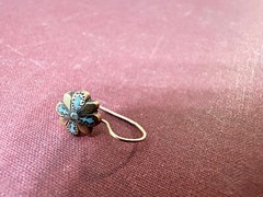 Antique 1900-1910’s Brass Flower Turquoise Hook Earring With Brass Ball Dangle