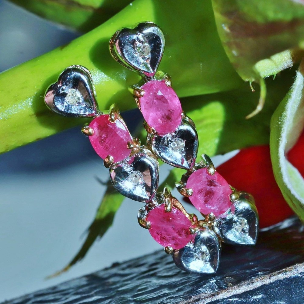14k multi tone gold 1.03ct natural dia dangle earrings ruby heart treated 2.27gr