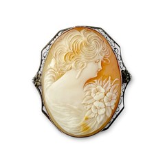 Antique Sterling Silver Carved Shell Victorian Lady Portrait Cameo Brooch Pin