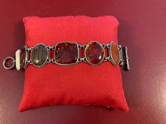 Vintage Amber, Ivory, Brown Cabochon Bracelet Sterling Silver